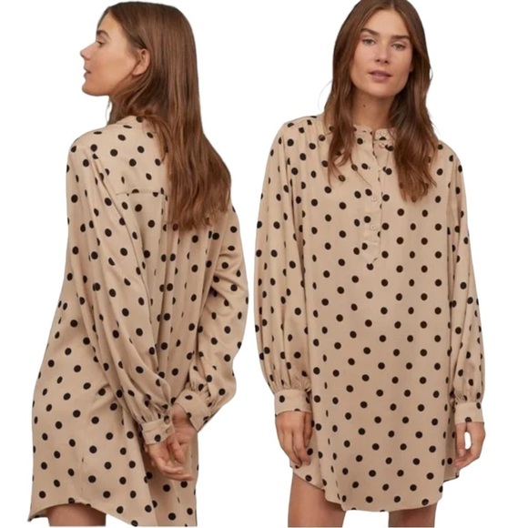 H&M Dresses & Skirts - H&m Short Balloon-Sleeved Tunic Dress Beige And Black Dotted Size Medium NWT